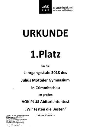 Sieger-Urkunde 2018/2019 für die Abiturienten des JMG